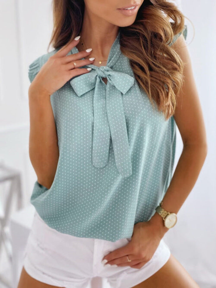 Women's Polka Dot Bow Neck Sleeveless Shirt Top