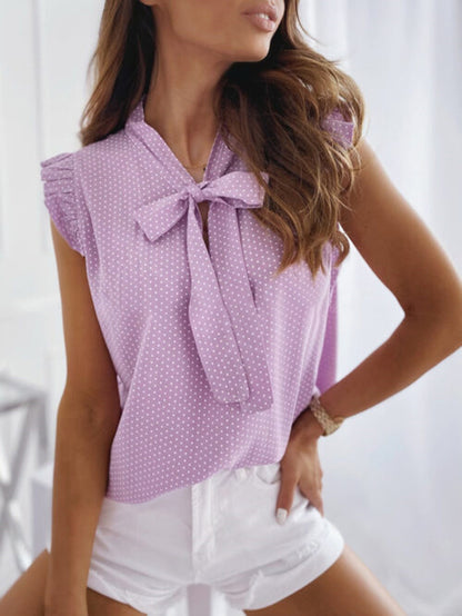 Women's Polka Dot Bow Neck Sleeveless Shirt Top