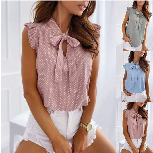 Women's Polka Dot Bow Neck Sleeveless Shirt Top