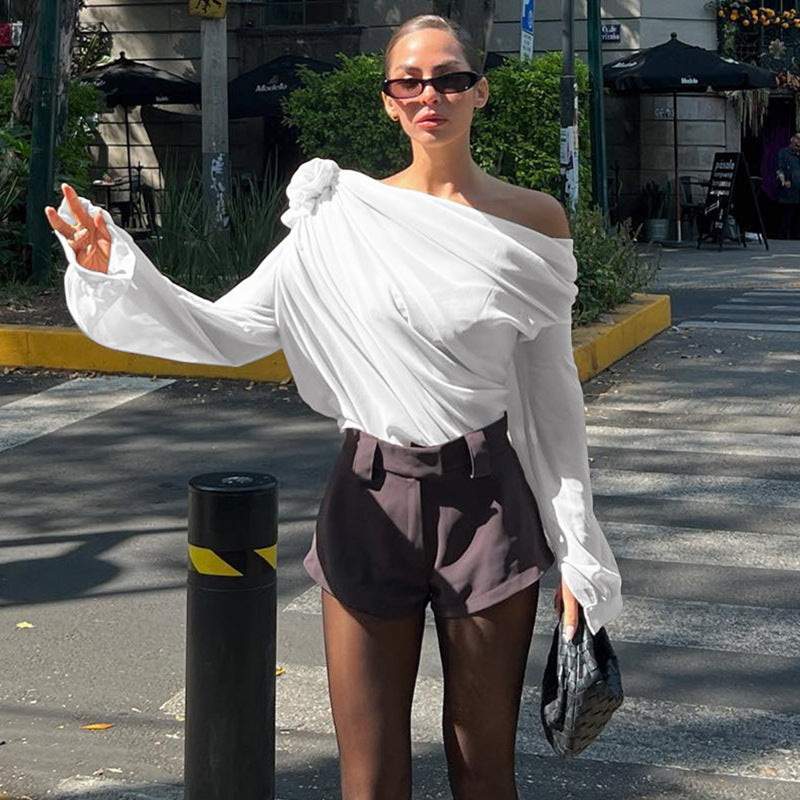 WhereMery Sexy Irregular Oblique-neck Flower Applique T Shirt Summer Off Shoulder Fashion Long Sleeve Crop Tops Street Mesh Tees