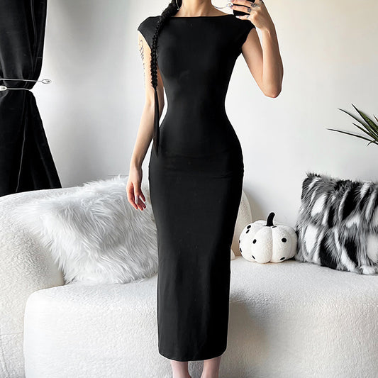 Women's Short-sleeved Round Neck Slim-fit Sheath Backless Dress