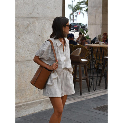 Fashion Casual Loose Striped Shirt Shorts Suit