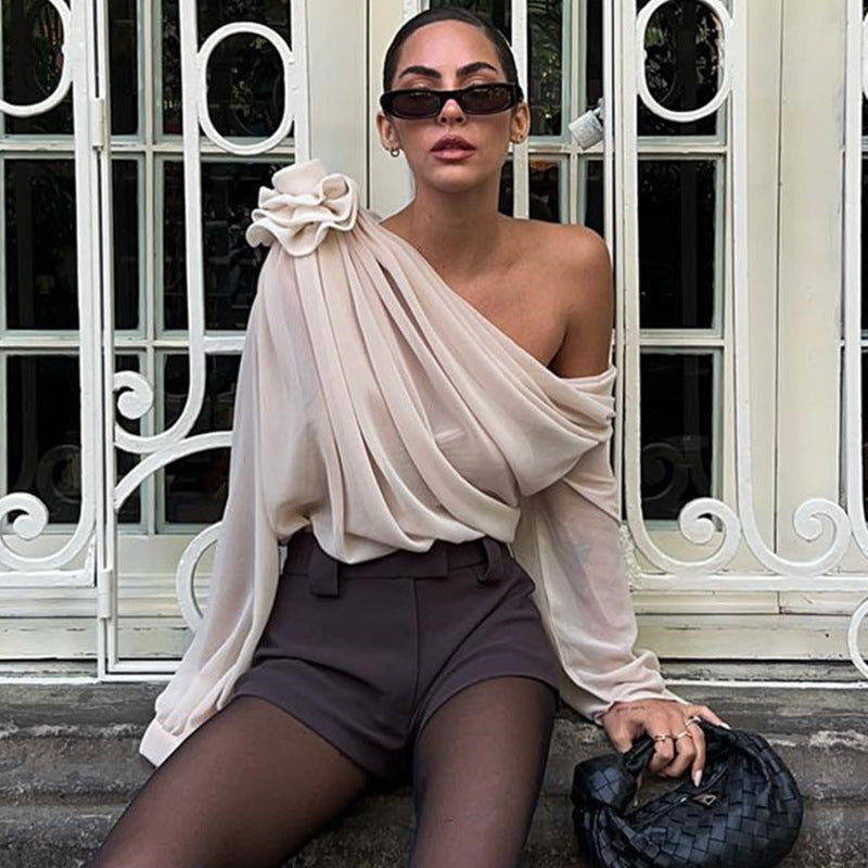 WhereMery Sexy Irregular Oblique-neck Flower Applique T Shirt Summer Off Shoulder Fashion Long Sleeve Crop Tops Street Mesh Tees